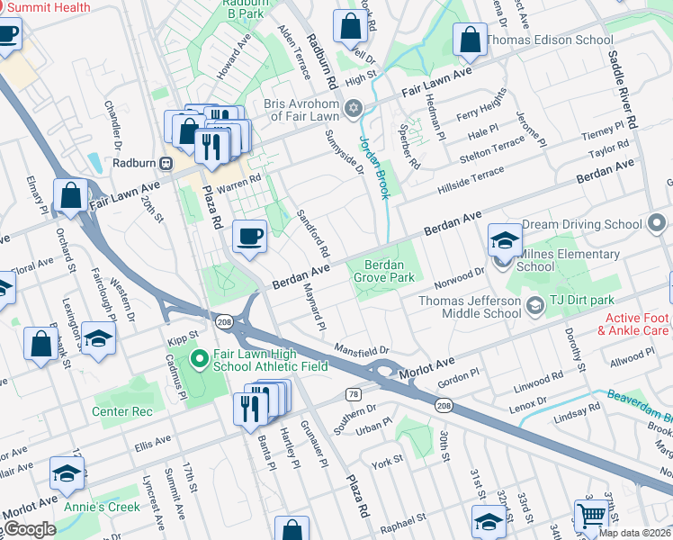 map of restaurants, bars, coffee shops, grocery stores, and more near 27-08 Kipp Street in Fair Lawn
