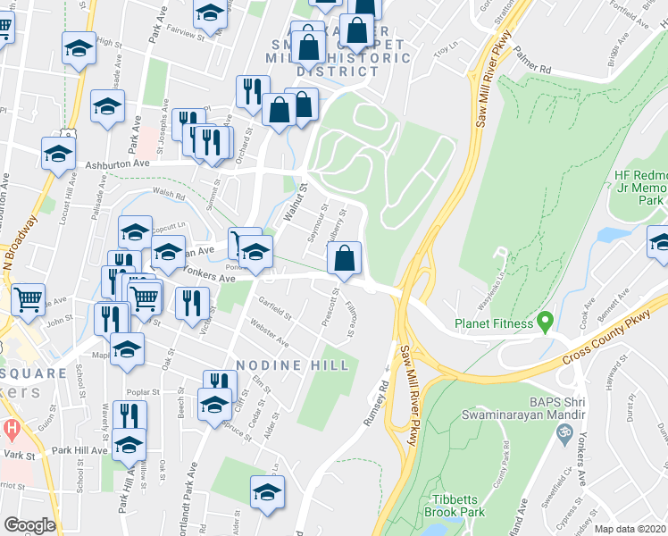 map of restaurants, bars, coffee shops, grocery stores, and more near 21 Van Buren Street in Yonkers