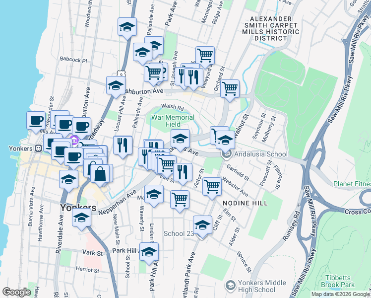 map of restaurants, bars, coffee shops, grocery stores, and more near 2 Riverview Place in Yonkers