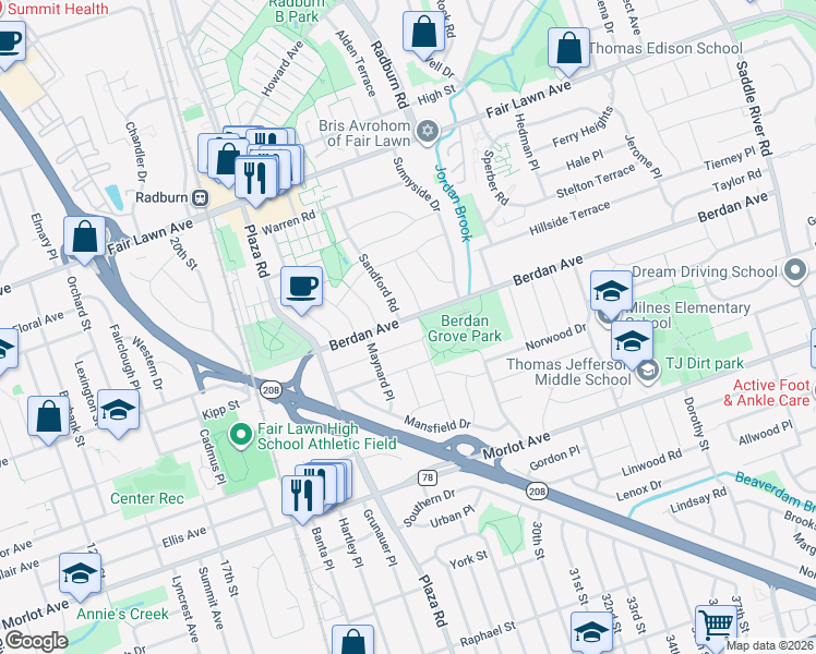 map of restaurants, bars, coffee shops, grocery stores, and more near 27-08 Kipp Street in Fair Lawn