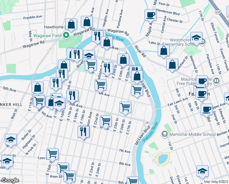 map of restaurants, bars, coffee shops, grocery stores, and more near 153 East 23rd Street in Paterson