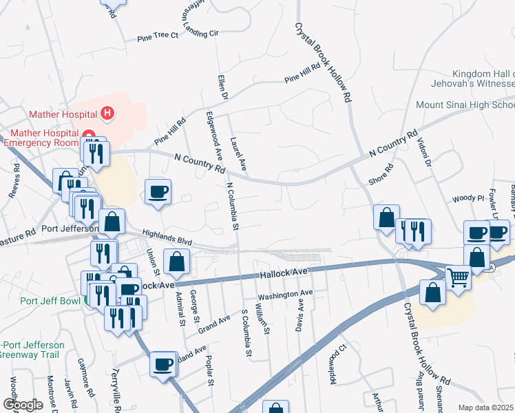 map of restaurants, bars, coffee shops, grocery stores, and more near 24 Jamaica Avenue in Port Jefferson