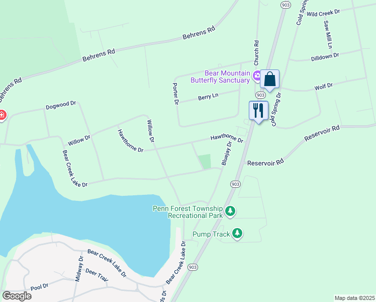 map of restaurants, bars, coffee shops, grocery stores, and more near 76 Hawthorne Drive in Jim Thorpe