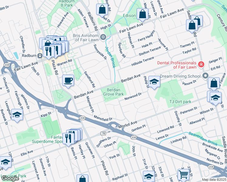 map of restaurants, bars, coffee shops, grocery stores, and more near Berdan Grove Park Footpath in Fair Lawn