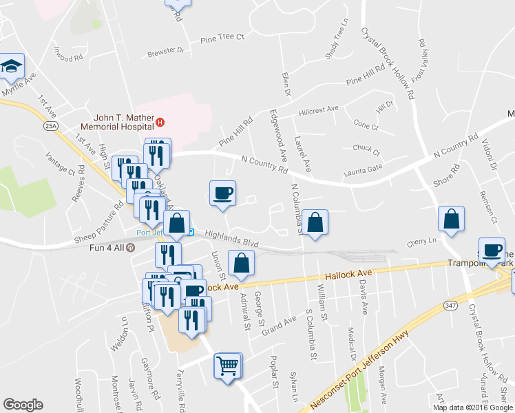 map of restaurants, bars, coffee shops, grocery stores, and more near 79 Leeward Court in Port Jefferson