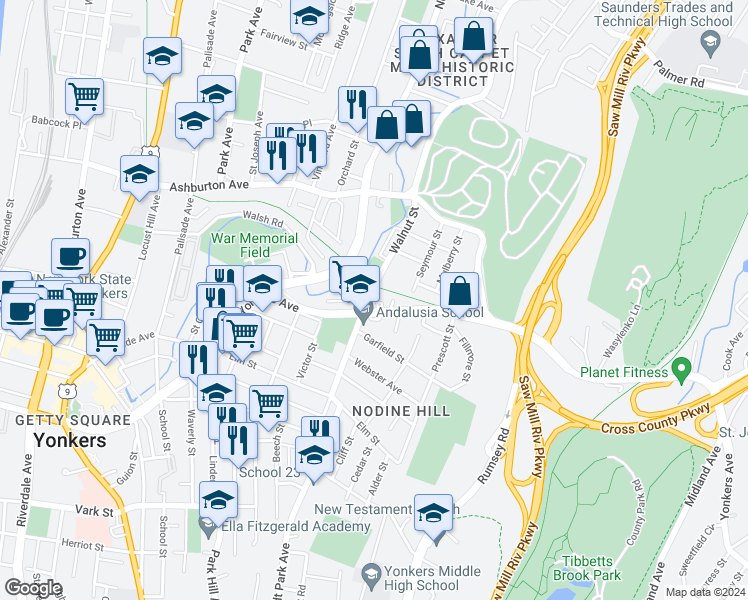 map of restaurants, bars, coffee shops, grocery stores, and more near 396 Walnut Street in Yonkers