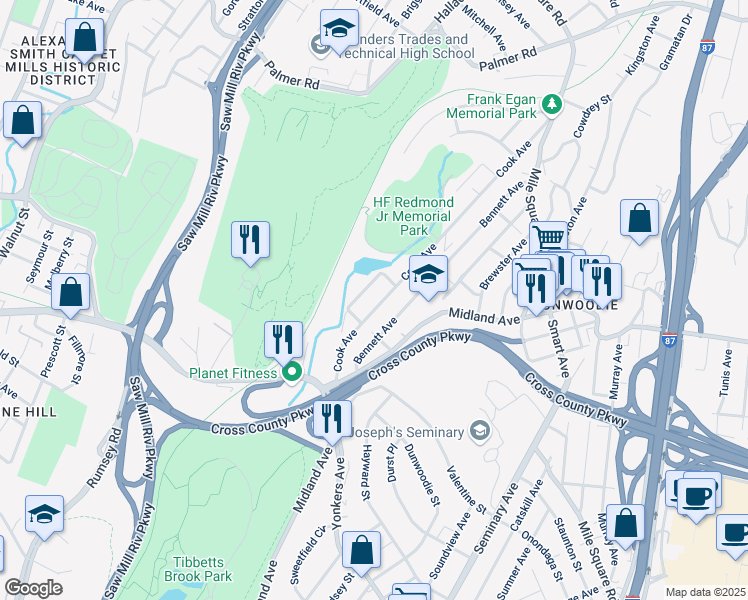 map of restaurants, bars, coffee shops, grocery stores, and more near 64 Rumsey Avenue in Yonkers