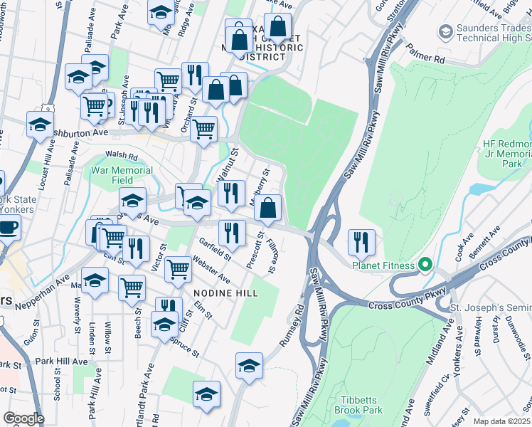 map of restaurants, bars, coffee shops, grocery stores, and more near 16 Mulberry Street in Yonkers