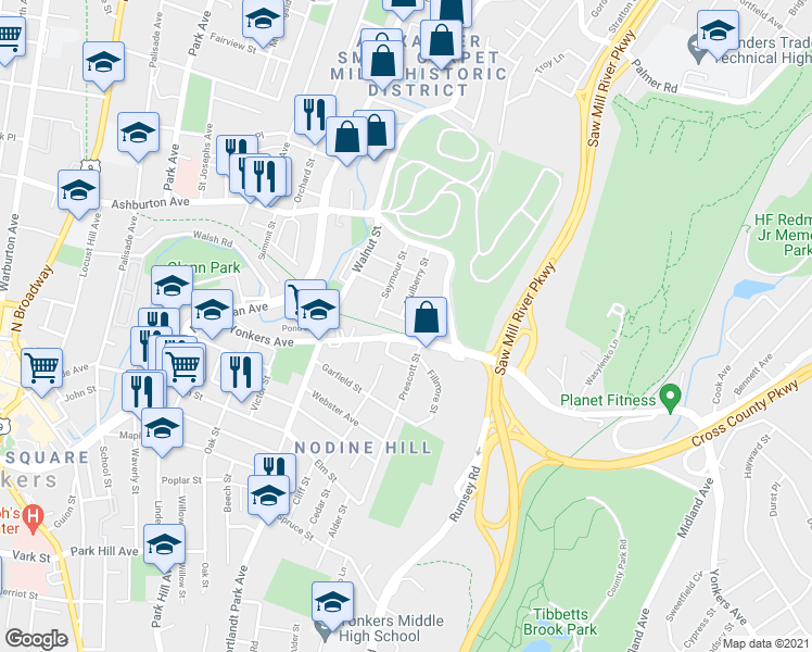 map of restaurants, bars, coffee shops, grocery stores, and more near 16 Mulberry Street in Yonkers