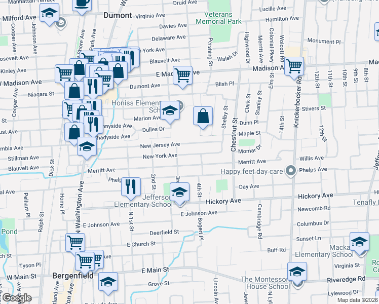 map of restaurants, bars, coffee shops, grocery stores, and more near 175 New Jersey Avenue in Bergenfield
