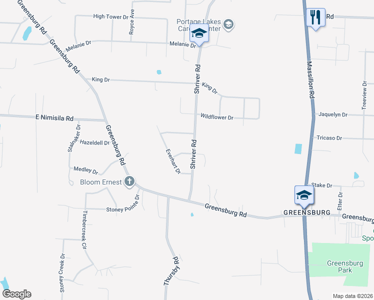 map of restaurants, bars, coffee shops, grocery stores, and more near 1638 Cottonwood Drive in North Canton