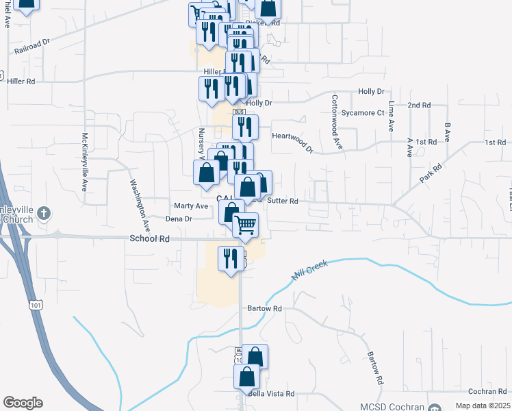 map of restaurants, bars, coffee shops, grocery stores, and more near 1656 Sutter Road in McKinleyville