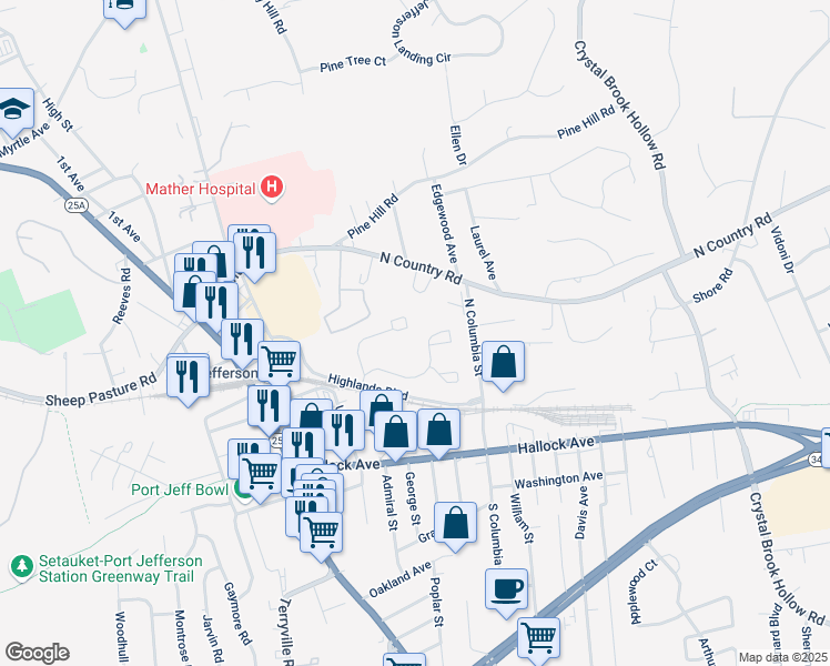 map of restaurants, bars, coffee shops, grocery stores, and more near 73 Leeward Court in Port Jefferson