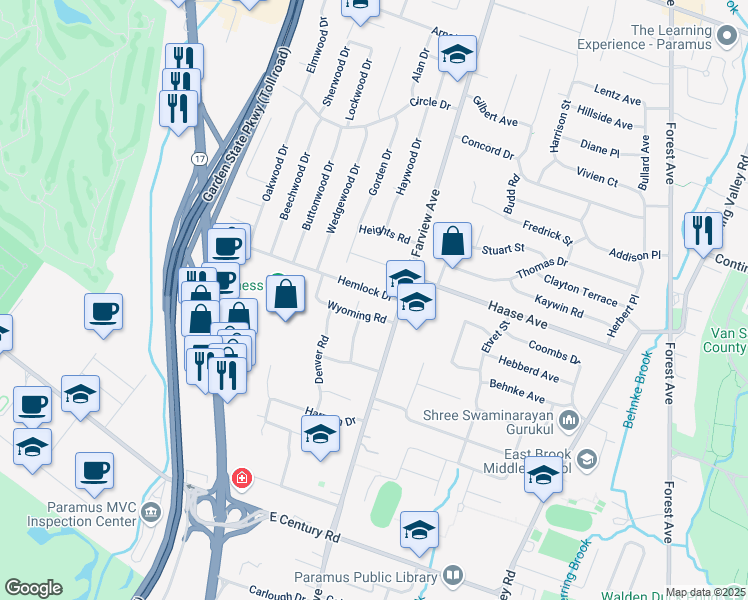 map of restaurants, bars, coffee shops, grocery stores, and more near 81 Hemlock Drive in Paramus