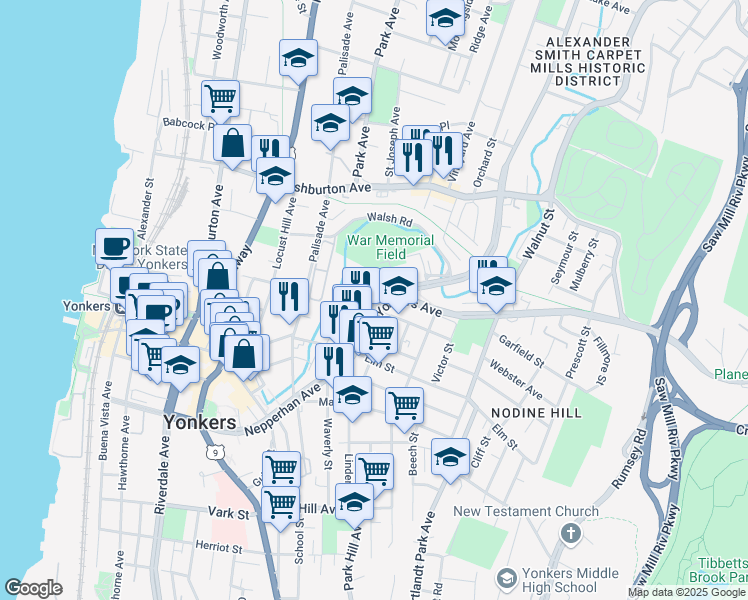 map of restaurants, bars, coffee shops, grocery stores, and more near 239 Nepperhan Avenue in Yonkers
