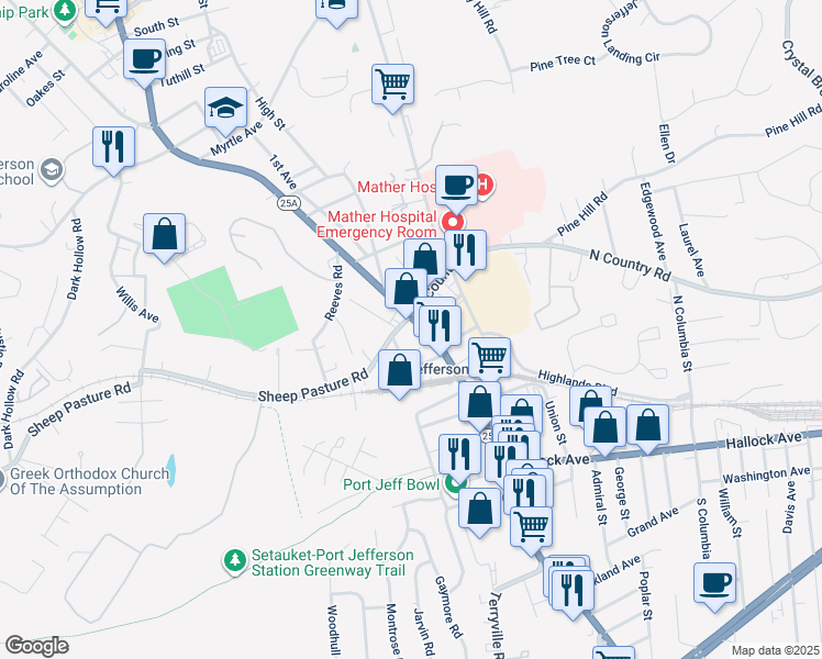 map of restaurants, bars, coffee shops, grocery stores, and more near in Port Jefferson