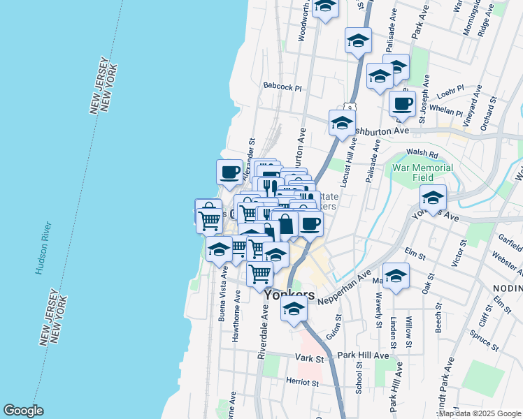 map of restaurants, bars, coffee shops, grocery stores, and more near 1 Larkin Plaza in Yonkers