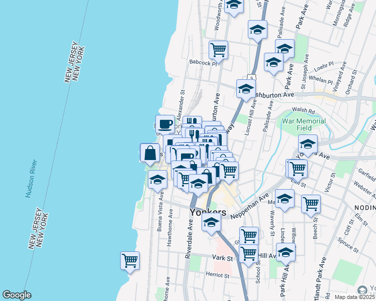 map of restaurants, bars, coffee shops, grocery stores, and more near 2 Atherton Street in Yonkers