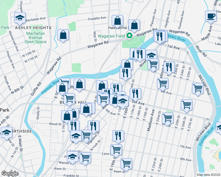 map of restaurants, bars, coffee shops, grocery stores, and more near 15 East 12th Street in Paterson