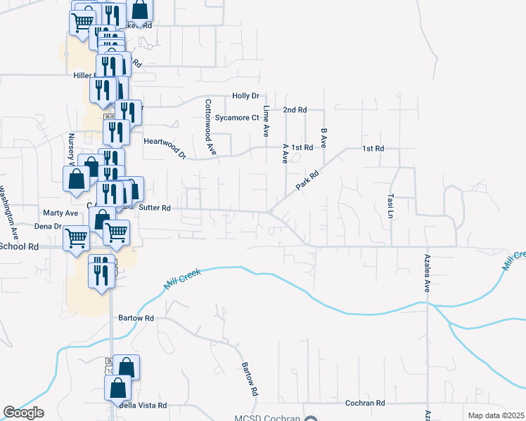 map of restaurants, bars, coffee shops, grocery stores, and more near 1947 Sutter Road in McKinleyville