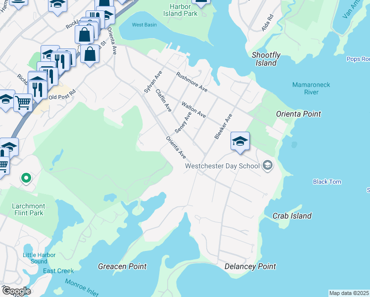 map of restaurants, bars, coffee shops, grocery stores, and more near 714 Orienta Avenue in Mamaroneck