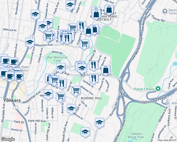 map of restaurants, bars, coffee shops, grocery stores, and more near in Yonkers