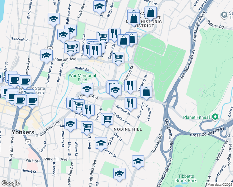 map of restaurants, bars, coffee shops, grocery stores, and more near in Yonkers