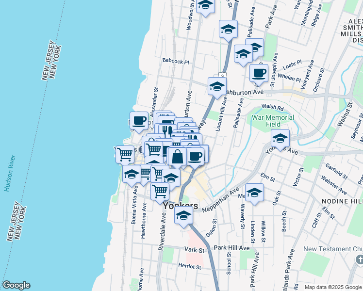 map of restaurants, bars, coffee shops, grocery stores, and more near 54 Warburton Avenue in Yonkers
