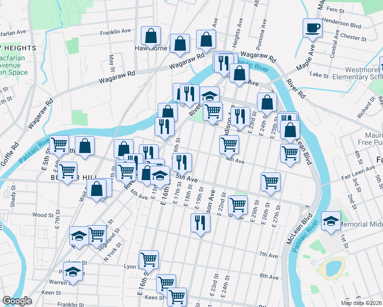 map of restaurants, bars, coffee shops, grocery stores, and more near 65 East 17th Street in Paterson