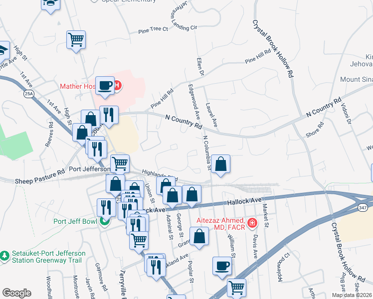 map of restaurants, bars, coffee shops, grocery stores, and more near 237 Windward Court North in Port Jefferson