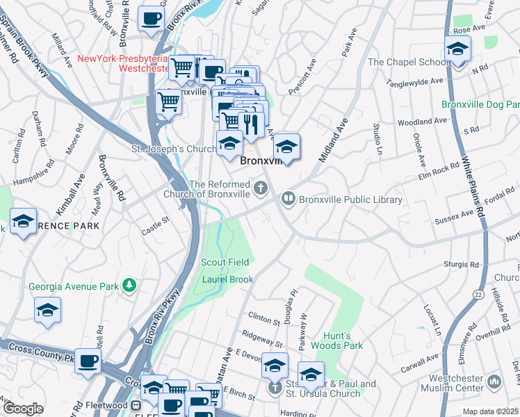 map of restaurants, bars, coffee shops, grocery stores, and more near 1 Palumbo Place in Bronxville