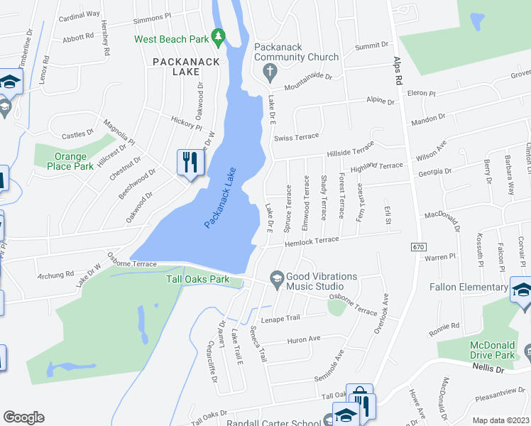 map of restaurants, bars, coffee shops, grocery stores, and more near 35 Lake Drive East in Wayne