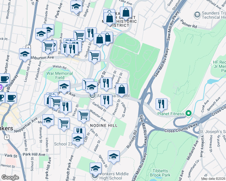 map of restaurants, bars, coffee shops, grocery stores, and more near 50 Croton Terrace in Yonkers