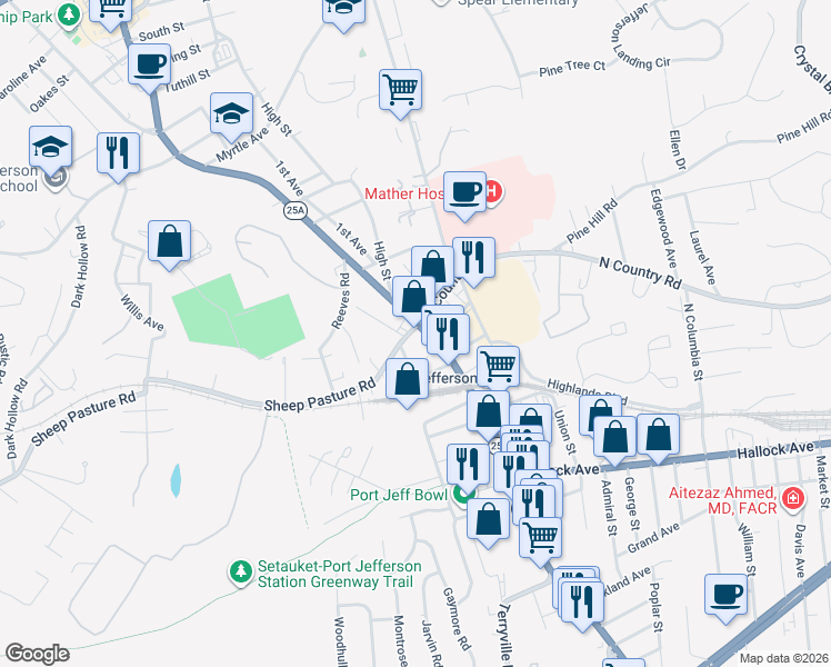 map of restaurants, bars, coffee shops, grocery stores, and more near 1500 Main Street in Port Jefferson