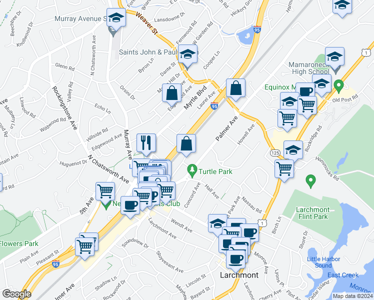 map of restaurants, bars, coffee shops, grocery stores, and more near 2 Woodland Avenue in Larchmont