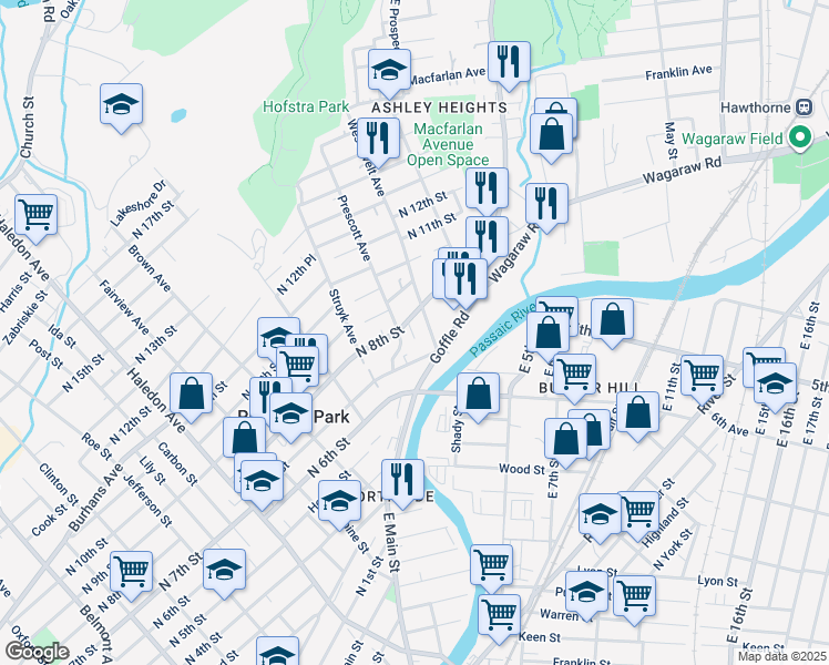 map of restaurants, bars, coffee shops, grocery stores, and more near 13 North 8th Street in Hawthorne