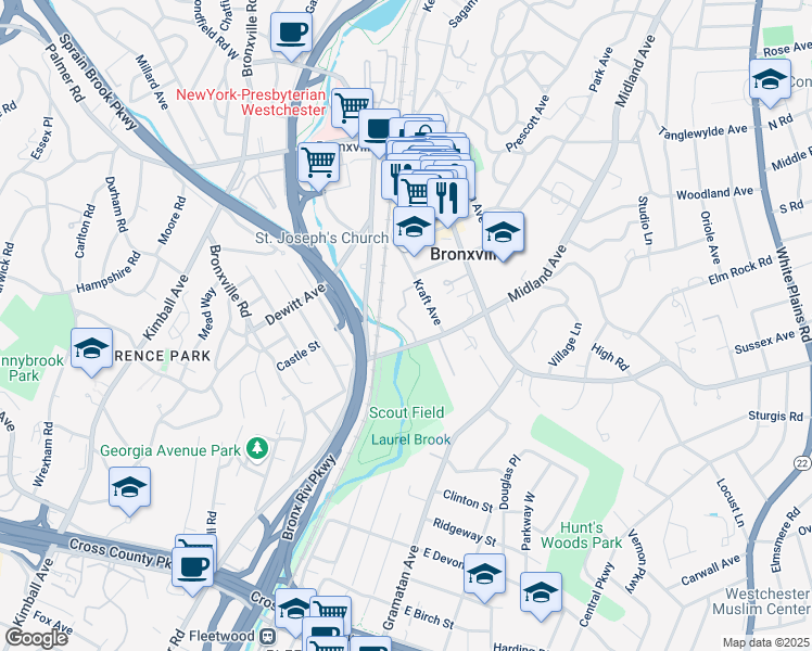 map of restaurants, bars, coffee shops, grocery stores, and more near 6 Midland Gardens in Bronxville