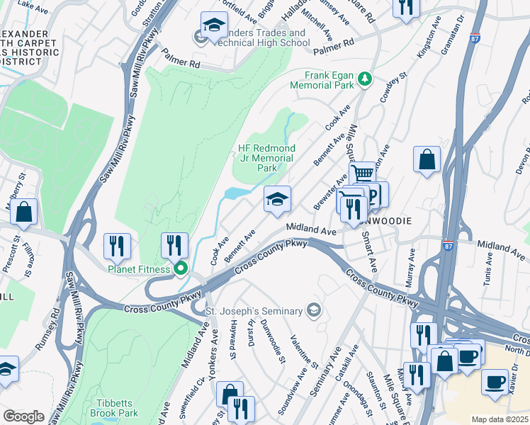 map of restaurants, bars, coffee shops, grocery stores, and more near 100 Cook Avenue in Yonkers