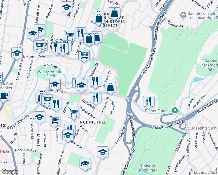 map of restaurants, bars, coffee shops, grocery stores, and more near 16 Mulberry Street in Yonkers