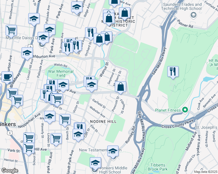 map of restaurants, bars, coffee shops, grocery stores, and more near 11 Seymour Street in Yonkers
