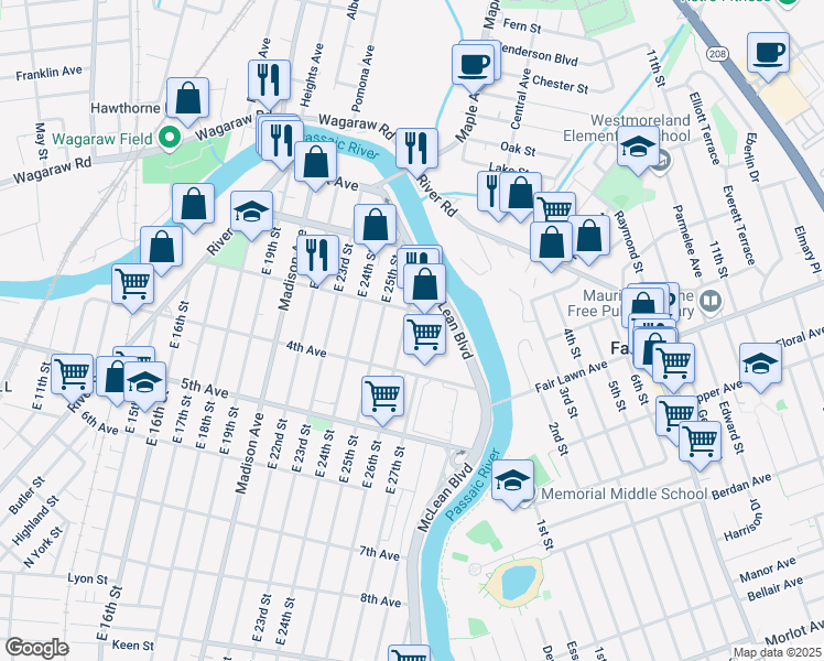 map of restaurants, bars, coffee shops, grocery stores, and more near 170 3rd Avenue in Paterson