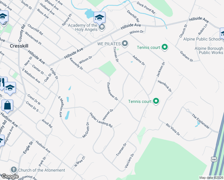 map of restaurants, bars, coffee shops, grocery stores, and more near 63 Eisenhower Drive in Cresskill