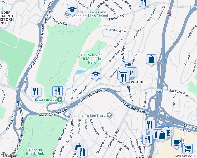map of restaurants, bars, coffee shops, grocery stores, and more near 120 Bennett Avenue in Yonkers