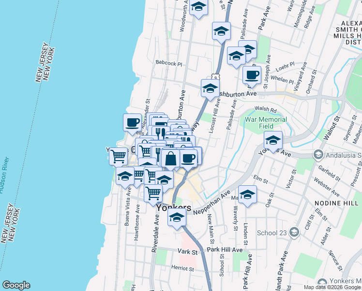 map of restaurants, bars, coffee shops, grocery stores, and more near 49 North Broadway in Yonkers