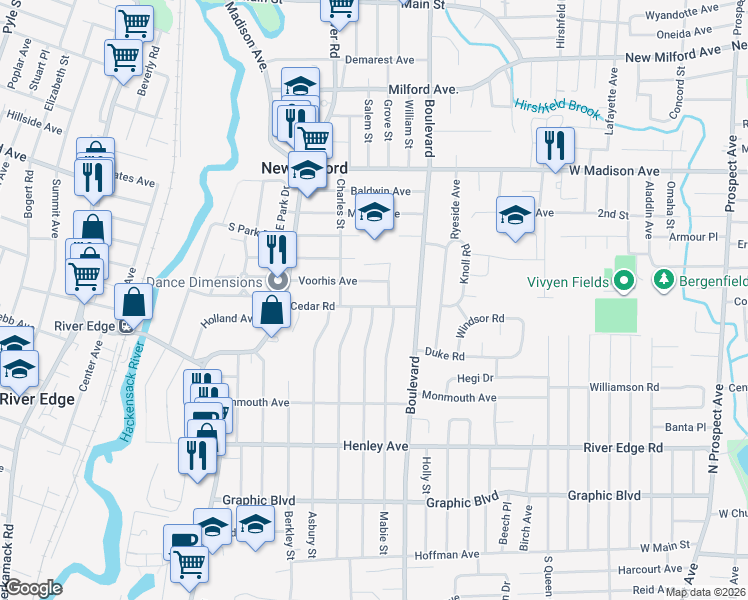 map of restaurants, bars, coffee shops, grocery stores, and more near 262 Voorhis Avenue in New Milford
