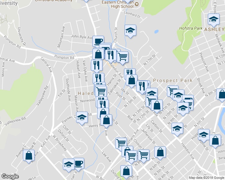 map of restaurants, bars, coffee shops, grocery stores, and more near 1 Post Street in Haledon
