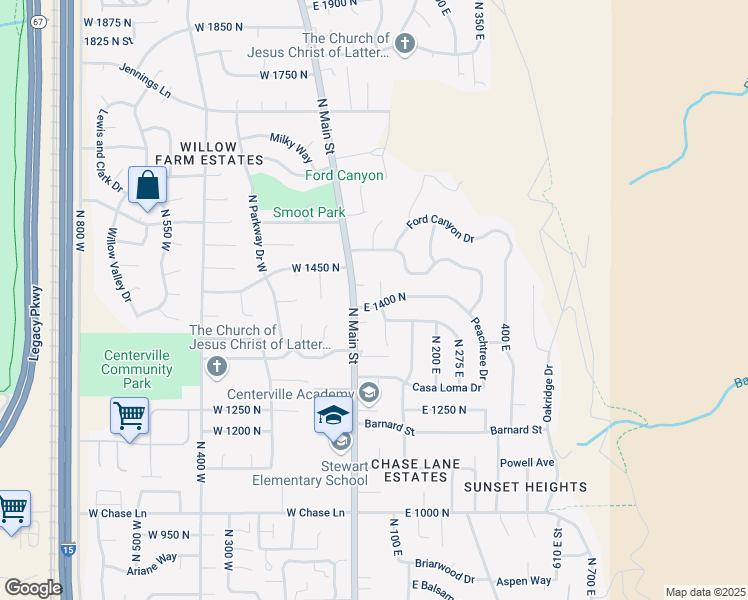 map of restaurants, bars, coffee shops, grocery stores, and more near 1403 North 50 East in Centerville