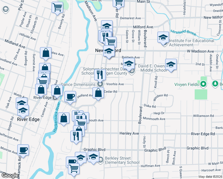 map of restaurants, bars, coffee shops, grocery stores, and more near 232 Voorhis Avenue in New Milford