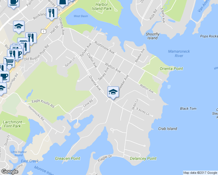 map of restaurants, bars, coffee shops, grocery stores, and more near 815 Claflin Avenue in Mamaroneck