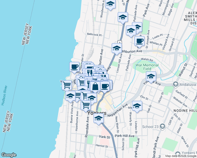 map of restaurants, bars, coffee shops, grocery stores, and more near 46 Warburton Avenue in Yonkers